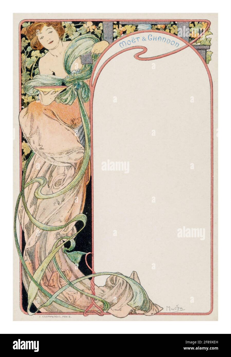 MENÚ MOET & CHANDON – Art Nouveau de Alphonse Mucha 1899. Utilícelo como su propio menú personal para su próxima cena. Foto de stock