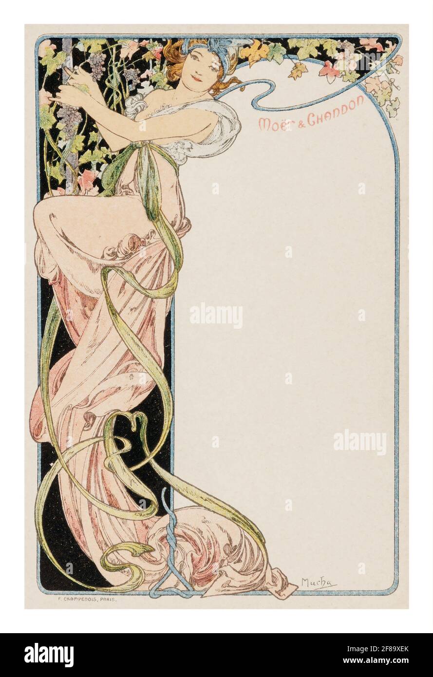 MENÚ MOET & CHANDON – Art Nouveau de Alphonse Mucha 1899. Utilícelo como su propio menú personal para su próxima cena. Foto de stock