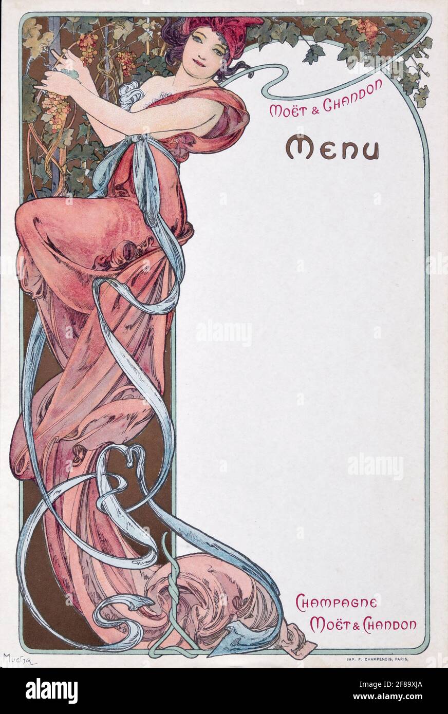 MENÚ MOET & CHANDON – Art Nouveau de Alphonse Mucha 1899. Utilícelo como su propio menú personal para su próxima cena. Foto de stock