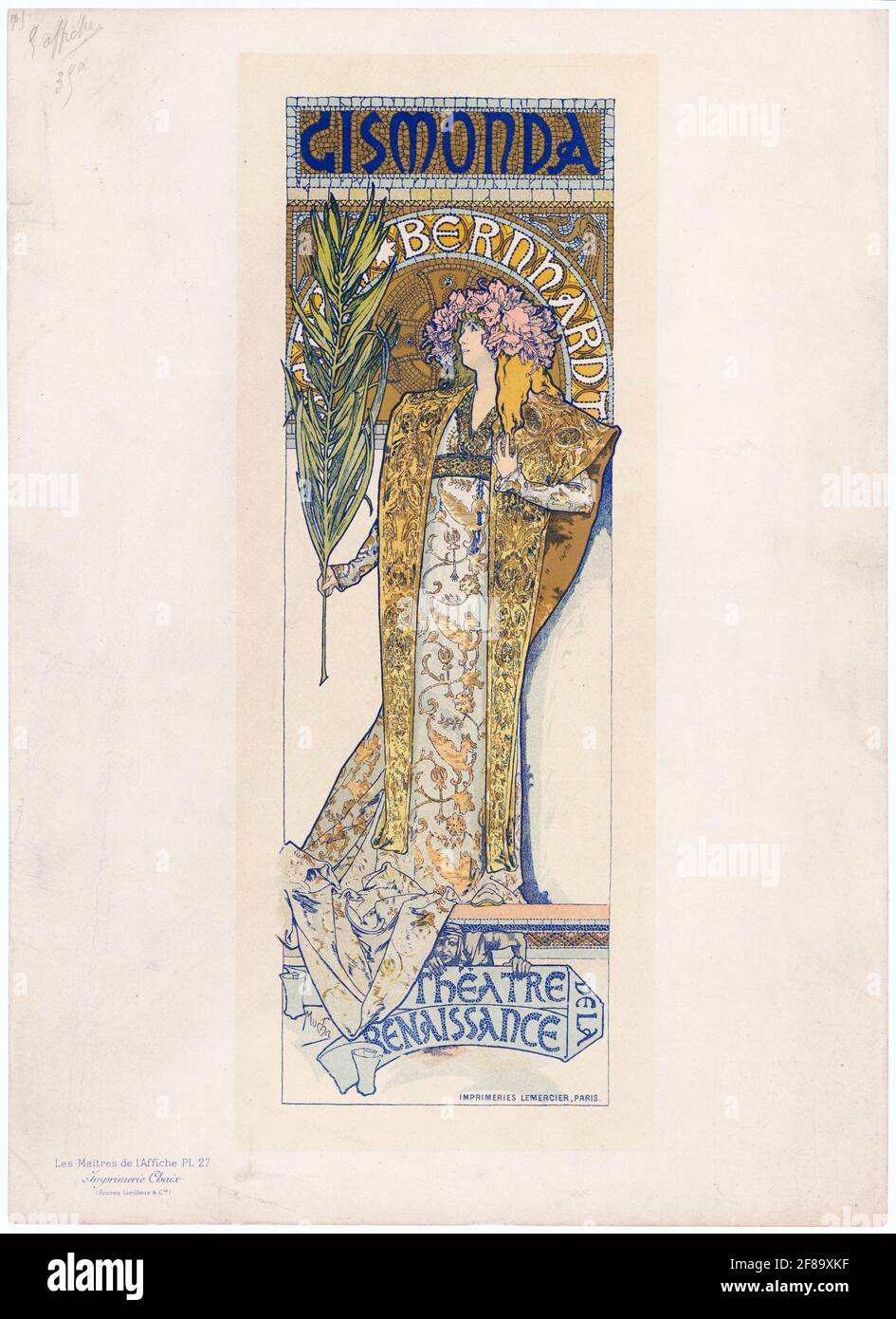 Cartel para Gismonda de Victorien Sardou protagonizado por Sarah Bernhardt – Art Nouveau por Alphonse Mucha. 1894. Foto de stock