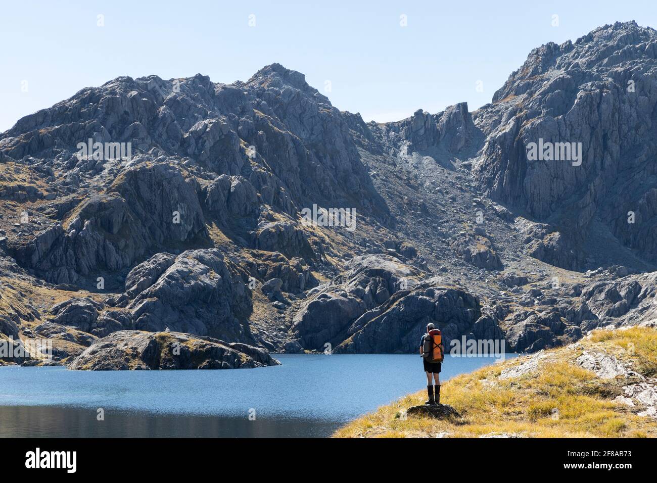 Lago Wilson y excursionista, Nueva Zelanda Alpes del Sur Foto de stock