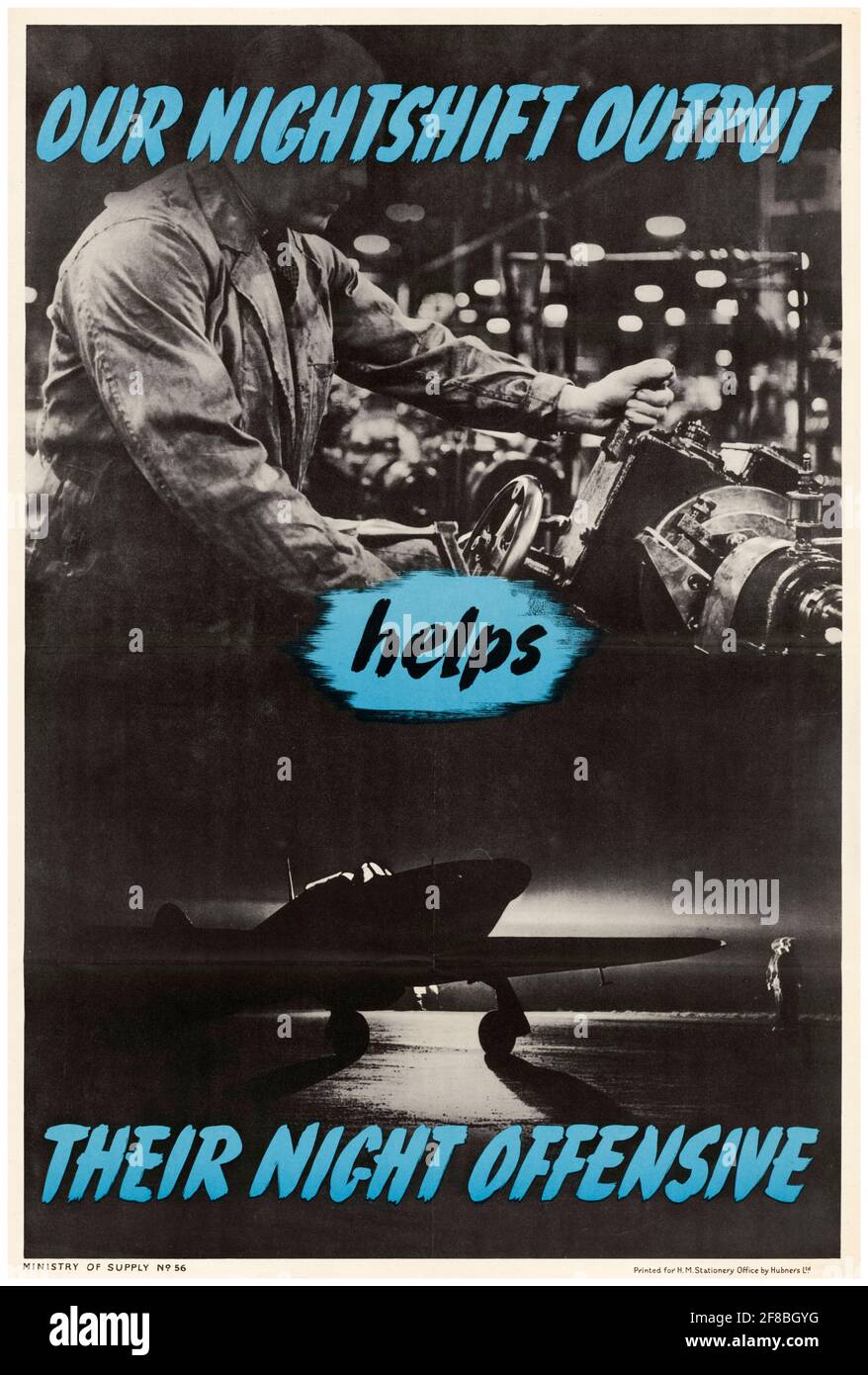 British, póster de productividad de fabricación en el lugar de trabajo de WW2, Nuestro producto Nightshift ayuda a su ofensiva nocturna, 1942-1945 Foto de stock