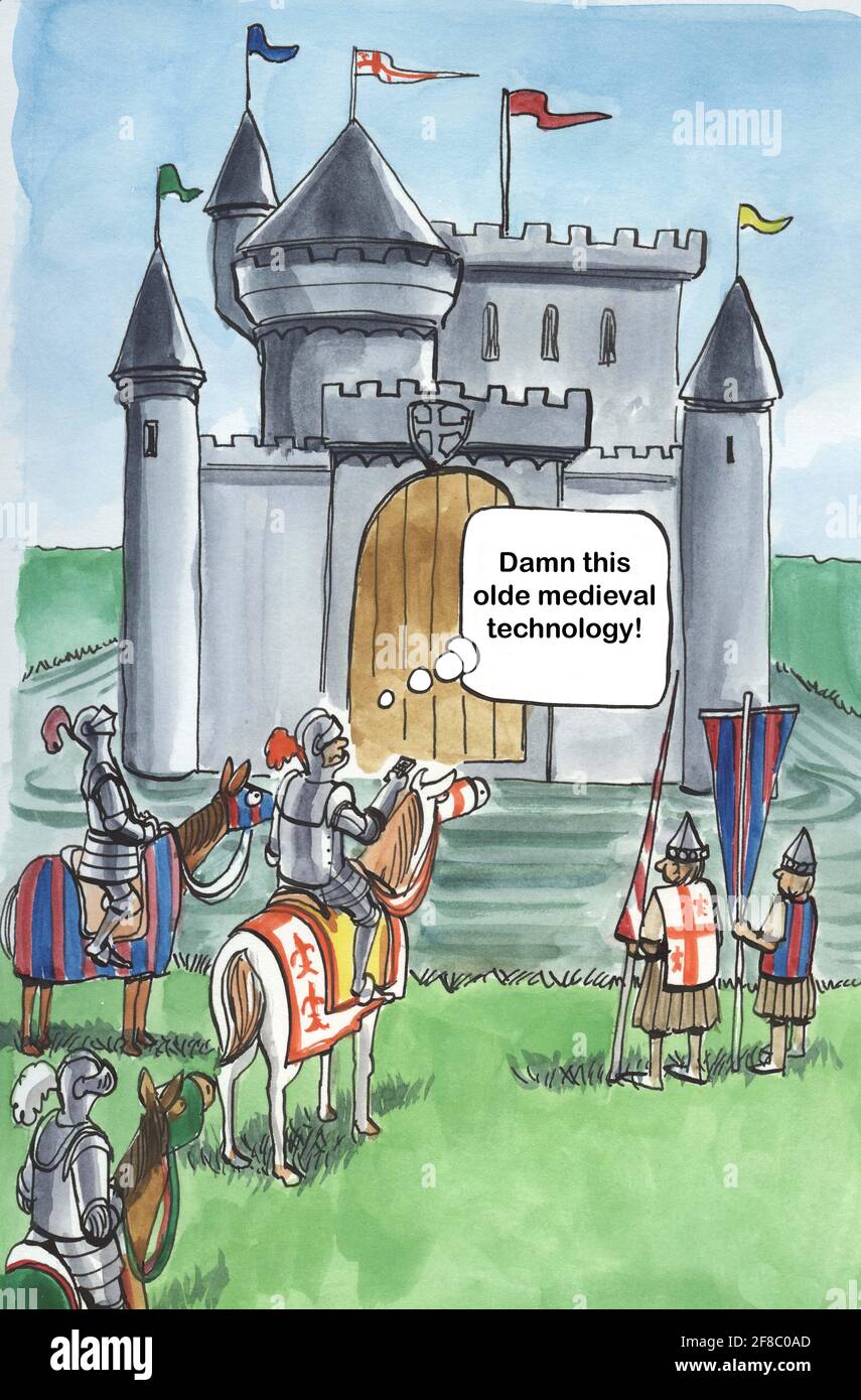 Knight tiene un abridor de puerta de castillo defectuoso. Foto de stock