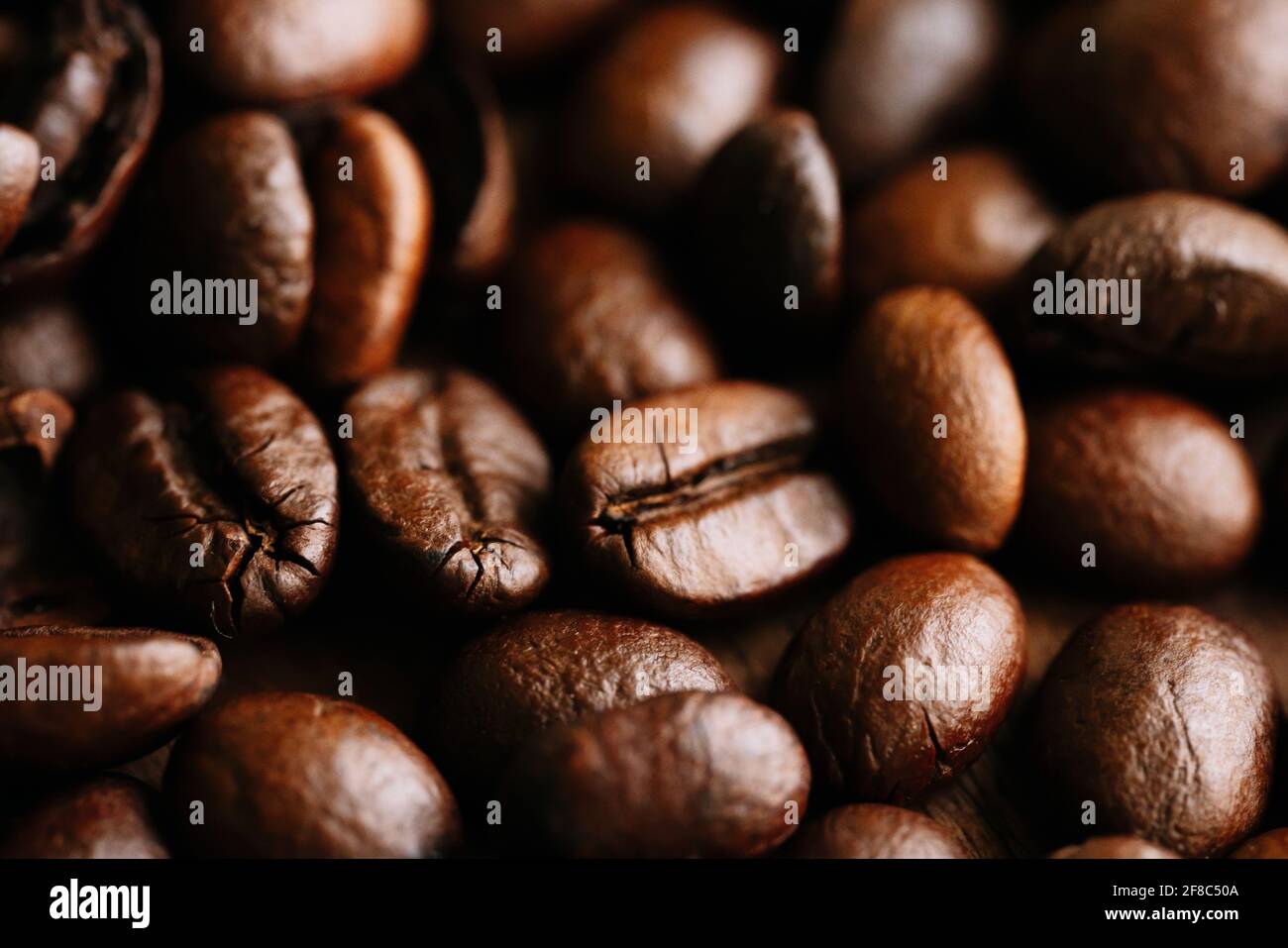Detalle de muchos granos de café marrones Foto de stock