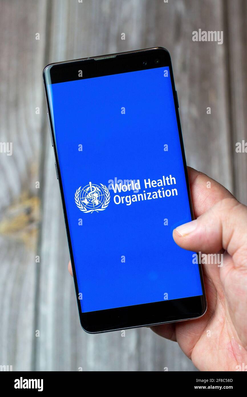 Un teléfono móvil o móvil que se mantiene en un De la mano con la aplicación de la Organización Mundial de la Salud abierta en la pantalla Foto de stock
