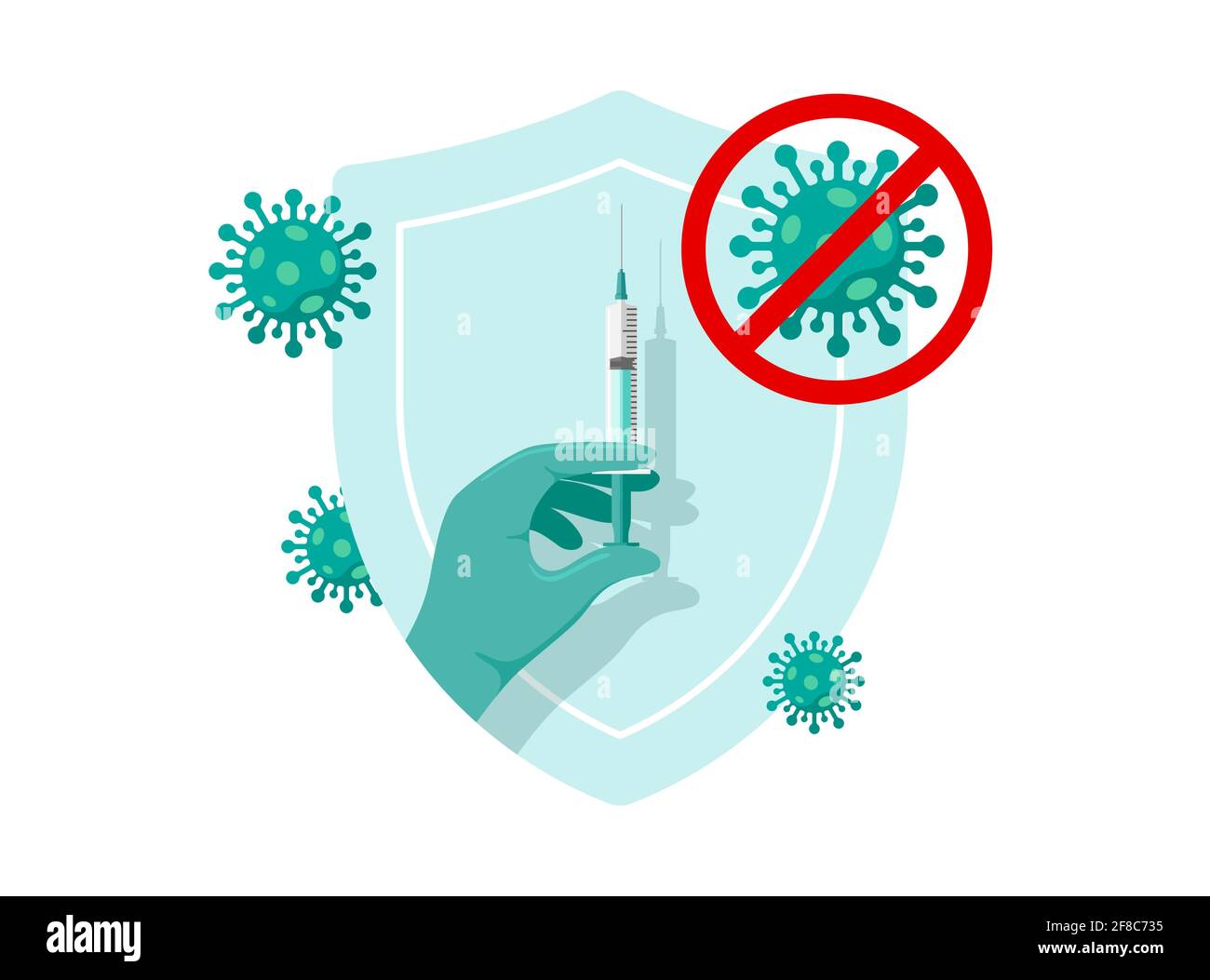 La mano del doctor o de la enfermera en guantes verdes sostiene la jeringa de la vacuna de la infección del coronavirus en el escudo. Vacuna contra la enfermedad COVID-19. Médico y 2019-ncov p Ilustración del Vector