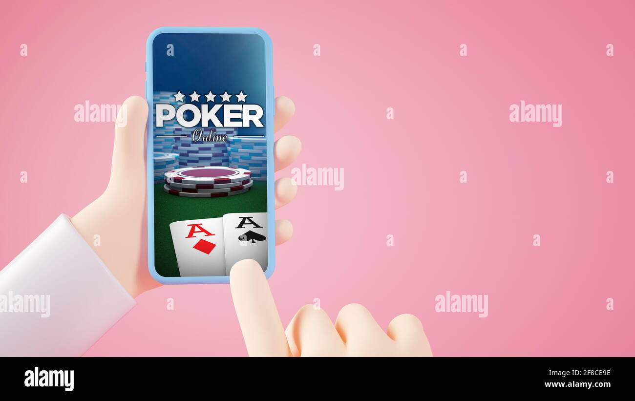 Teléfono móvil con póquer en línea en pantalla 3D renderizado Foto de stock