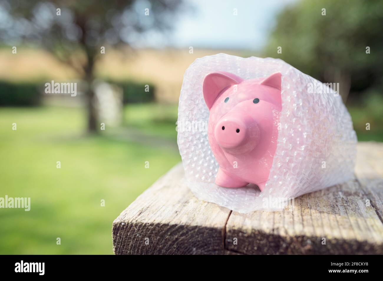 Banco piggy envuelto en envoltura de burbujas, protegiendo sus ahorros y dinero Foto de stock