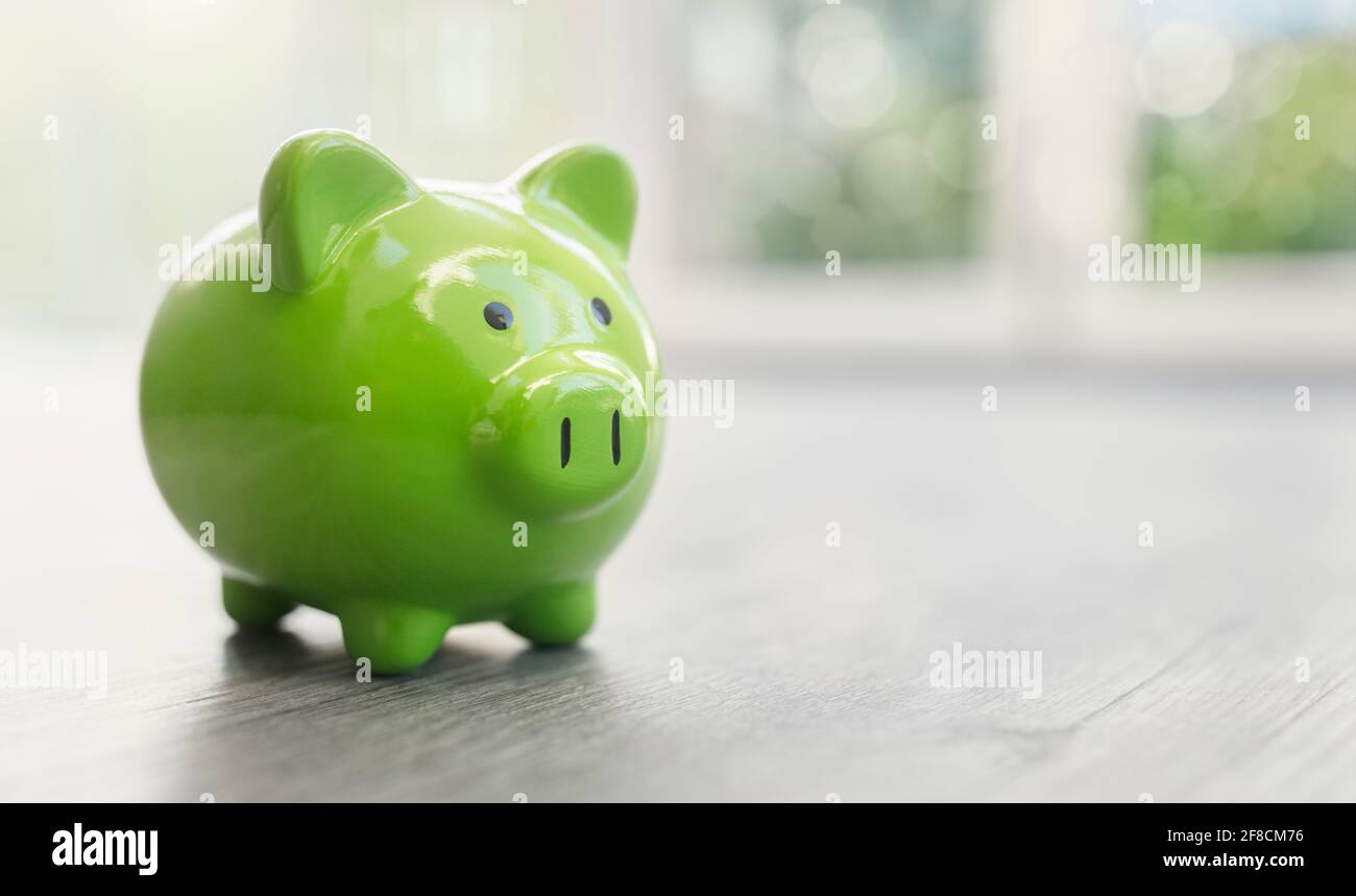 Concepto de banco en planta piggy para ahorro, contabilidad, banca y cuenta de negocios Foto de stock