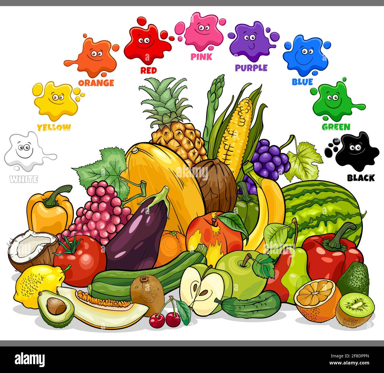 Ilustración de dibujos animados educativos de colores básicos para niños  con verduras y los objetos de comida de frutas se agrupan Imagen Vector de  stock - Alamy