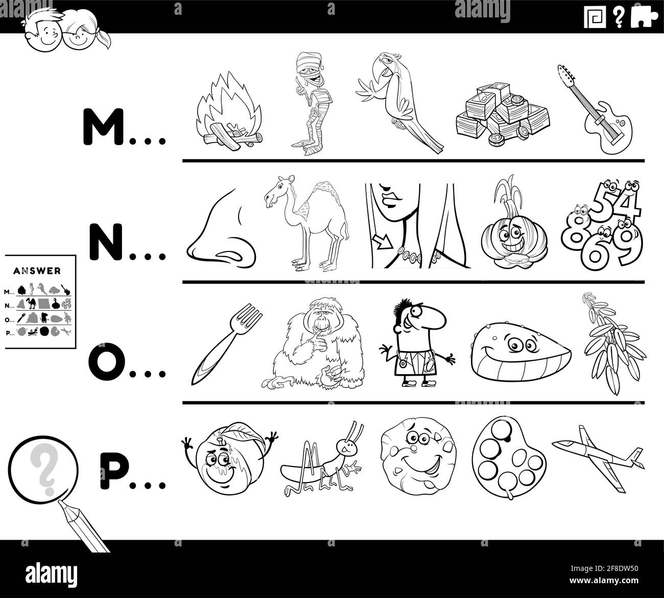 Ilustración en blanco y negro de la búsqueda de imágenes que comienzan con la referencia juego educativo de cartas para niños de preescolar o de escuela primaria con carto Ilustración del Vector