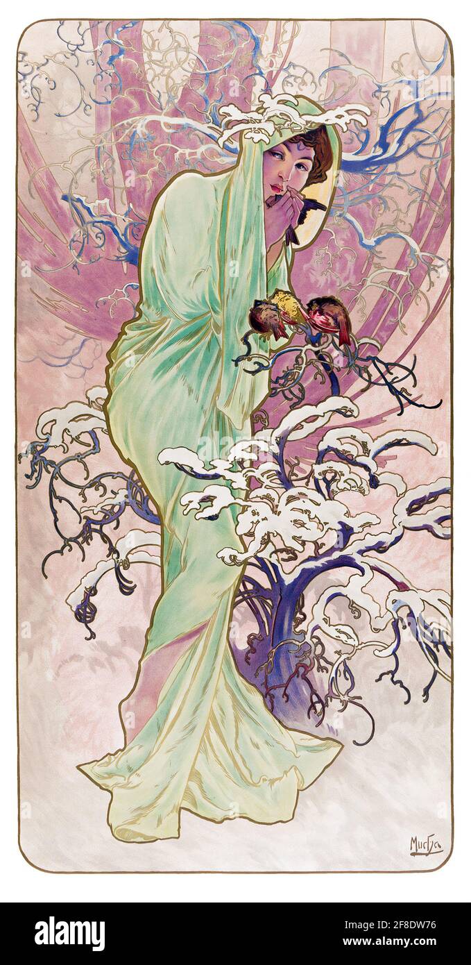 LAS ESTACIONES: INVIERNO – Art Nouveau de Alphonse Mucha Foto de stock