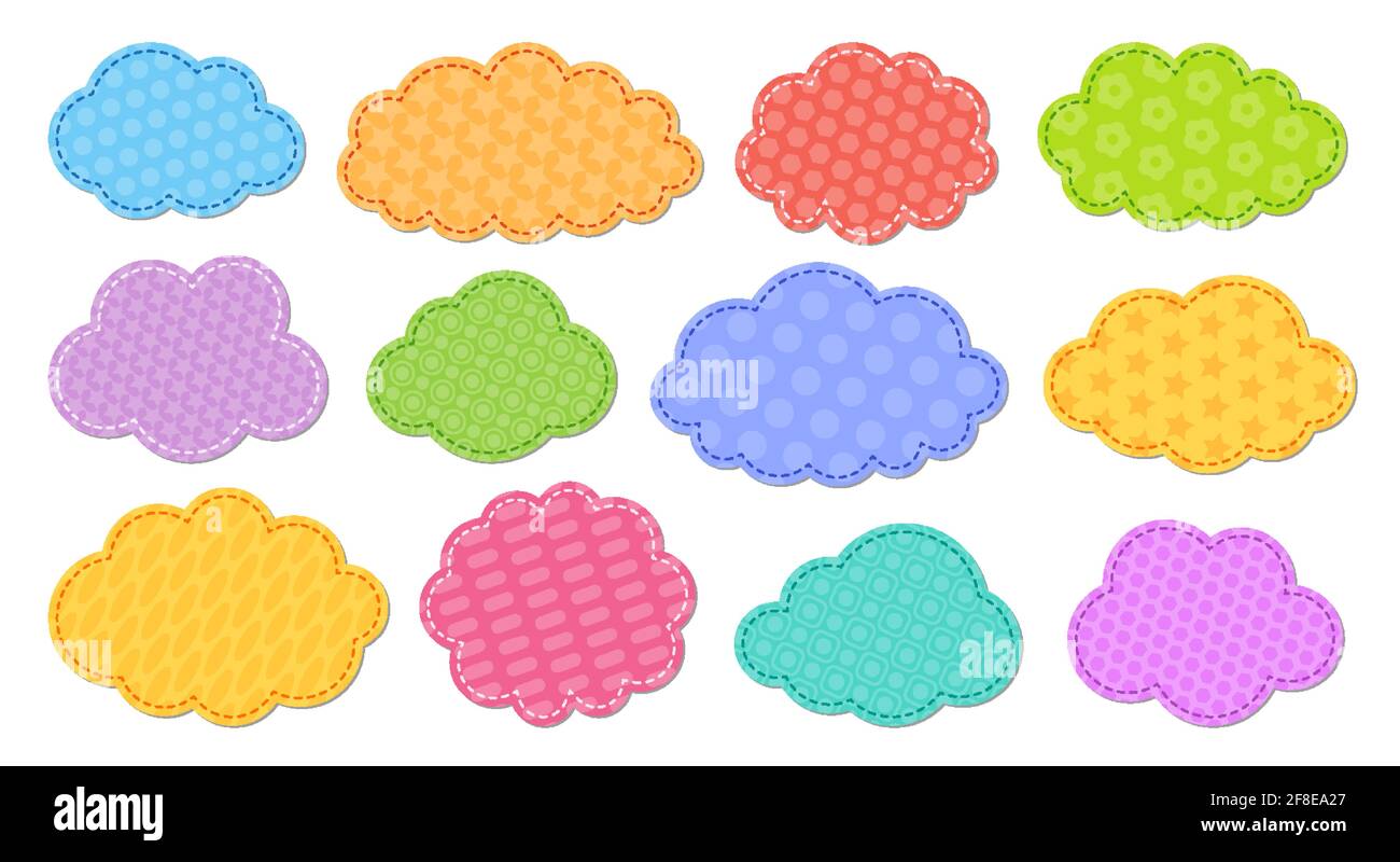 Juego de nubes de vector plano de dibujos animados en color. Símbolos de  nubes sobre fondo blanco con patrón para el diseño de sitios web, logotipo,  aplicación. Colección de iconos de burbuja
