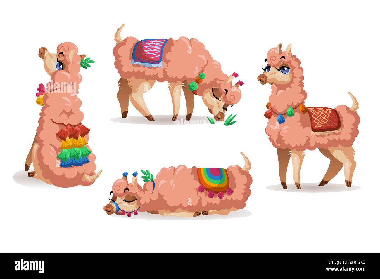 Llama, Perú juego de dibujos animados de animales alpaca. Lama carácter mexicano, mascota con cara linda usar borlas en las orejas y manta diferentes poses sentado, dormir, pastar y permanecer aislado sobre fondo blanco Ilustración del Vector