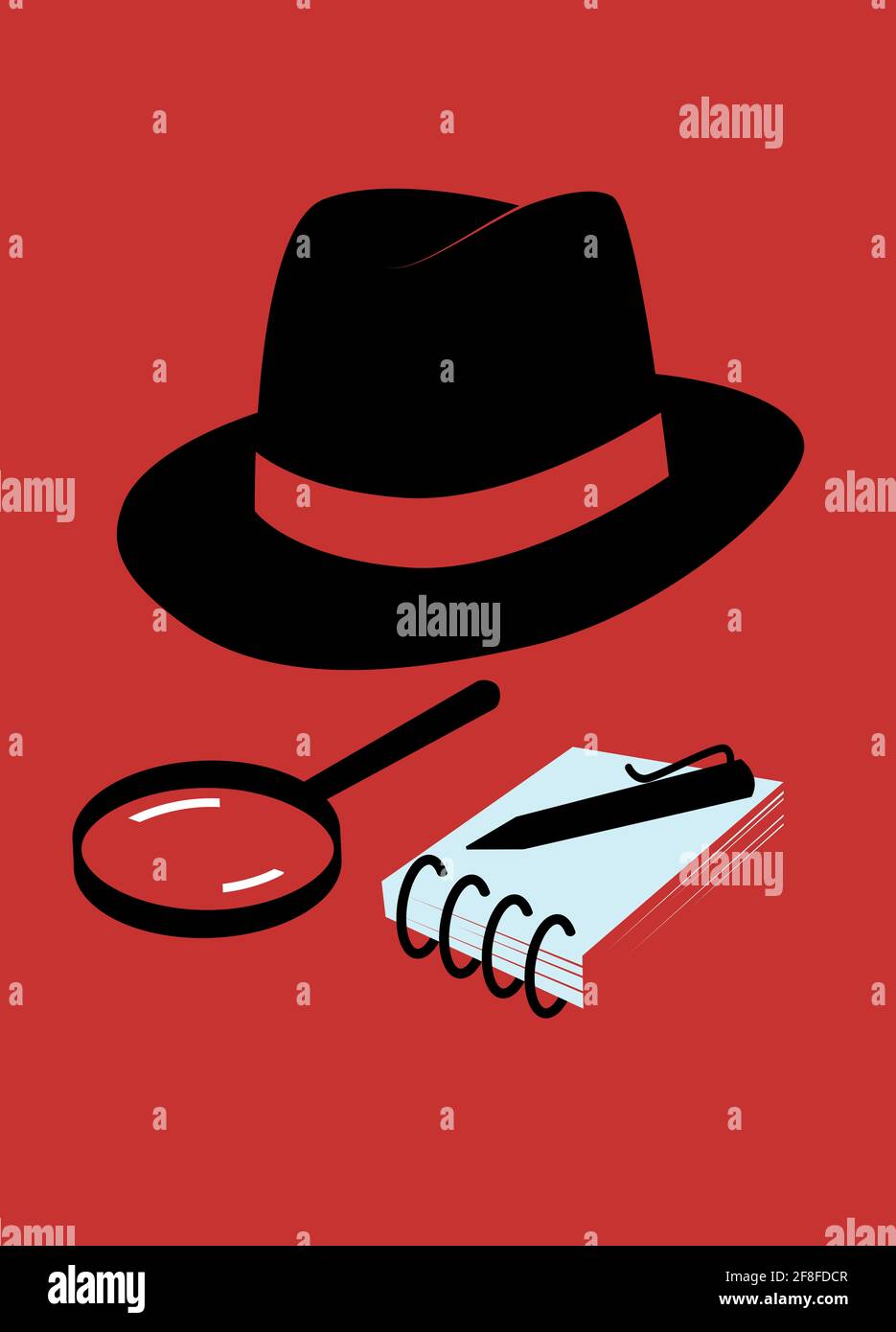 Sombrero Fedora, lupa, bloc de notas y lápiz sobre fondo rojo. Ilustración del concepto de investigación. Plantilla de portada de libro. Foto de stock
