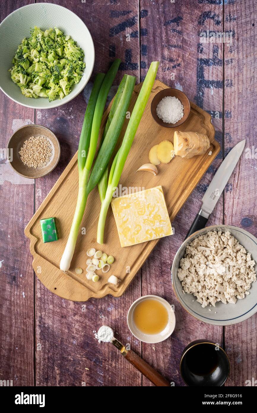 Masa plana de ingredientes para dumplings de wonton vegano con tofu y  brócoli, receta para sopa de wonton, vertical Fotografía de stock - Alamy