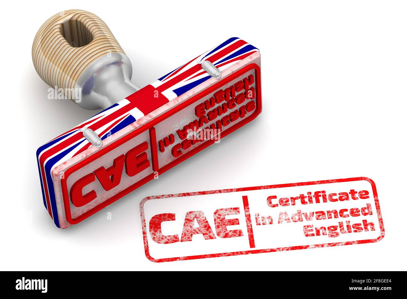 CAE. Certificado en inglés avanzado. Sello de goma en colores de la bandera del Reino Unido e impresión roja CAE. Certificado en inglés avanzado sobre superficie blanca. Foto de stock