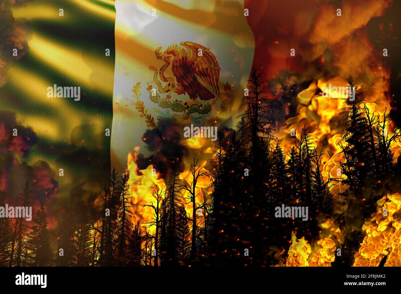 Concepto de desastres naturales de incendios forestales - fuego infernal en el Árboles en el fondo de la bandera de México - 3D ilustración de la naturaleza Foto de stock