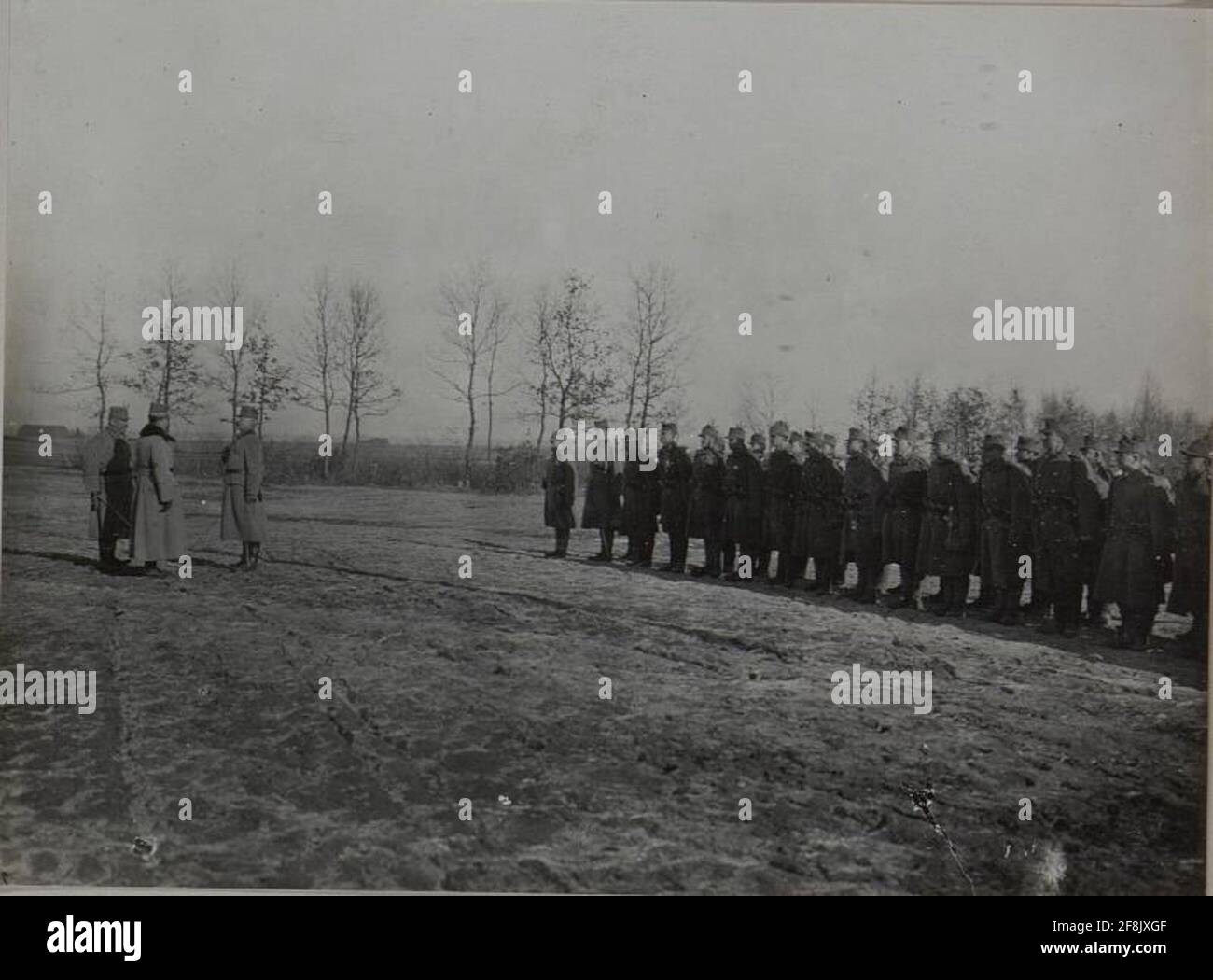 Inspección del Regimiento de Infantería de 90th por el archiduque Karl, que recibe el anuncio del comandante del batallón de 3rd, febrero de 1916. Foto de stock