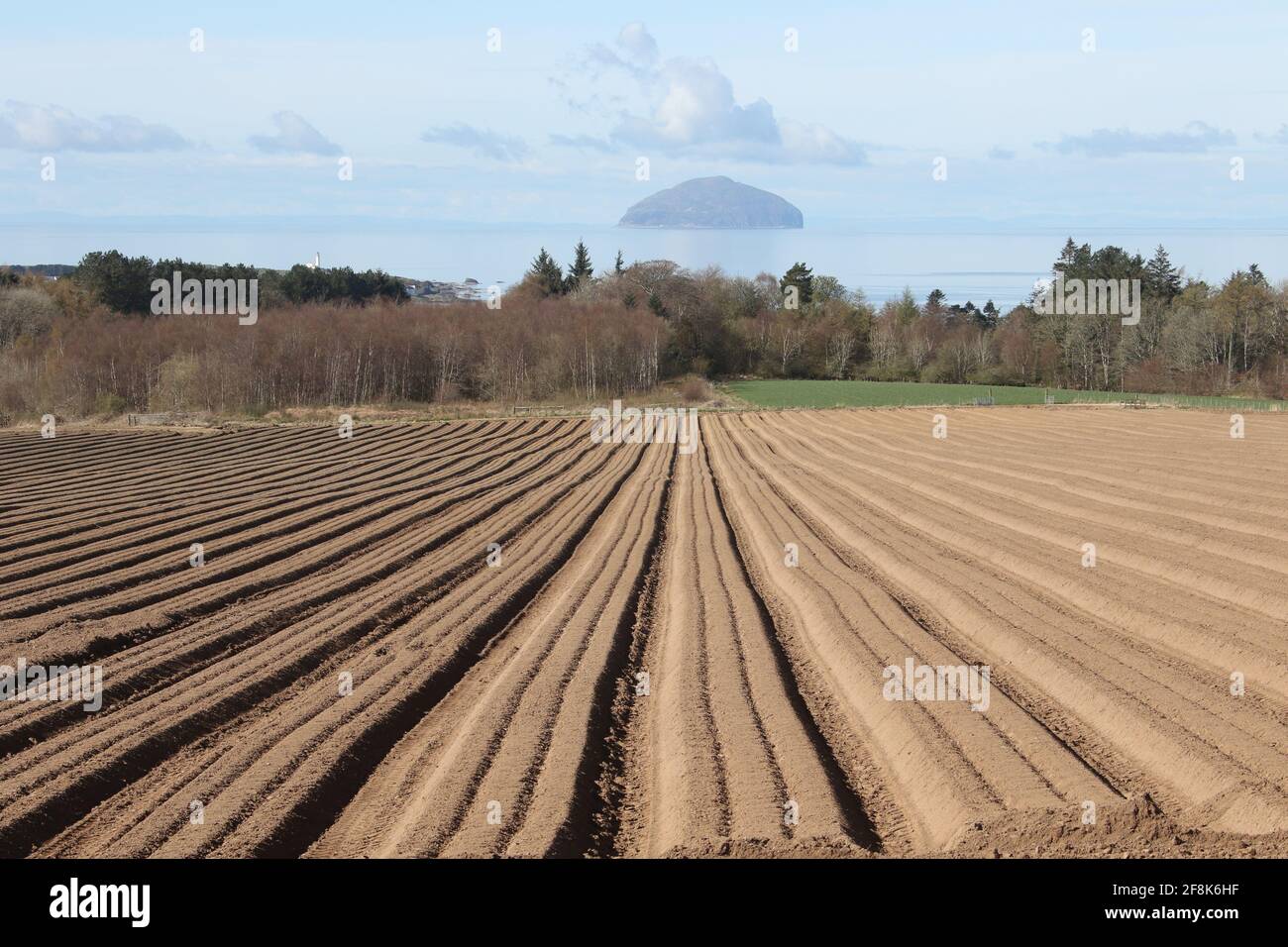 Escocia, Ayrshire, Ailsa Craig, 12 de abril de 2021. Campos arados con línea que conduce a Aisa Craig Foto de stock