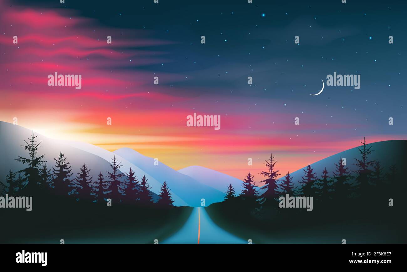 Camino nocturno a través de bosques y montañas cielo nocturno rojo y azul y paisaje de puesta de sol, ilustración vectorial. Ilustración del Vector