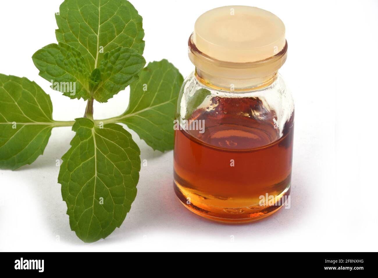Aceite de menta esencial orgánico en un pequeño tarro de vidrio con hojas de menta verde, Salud y belleza, todavía vida spa concepto espacio de copia fondo Foto de stock