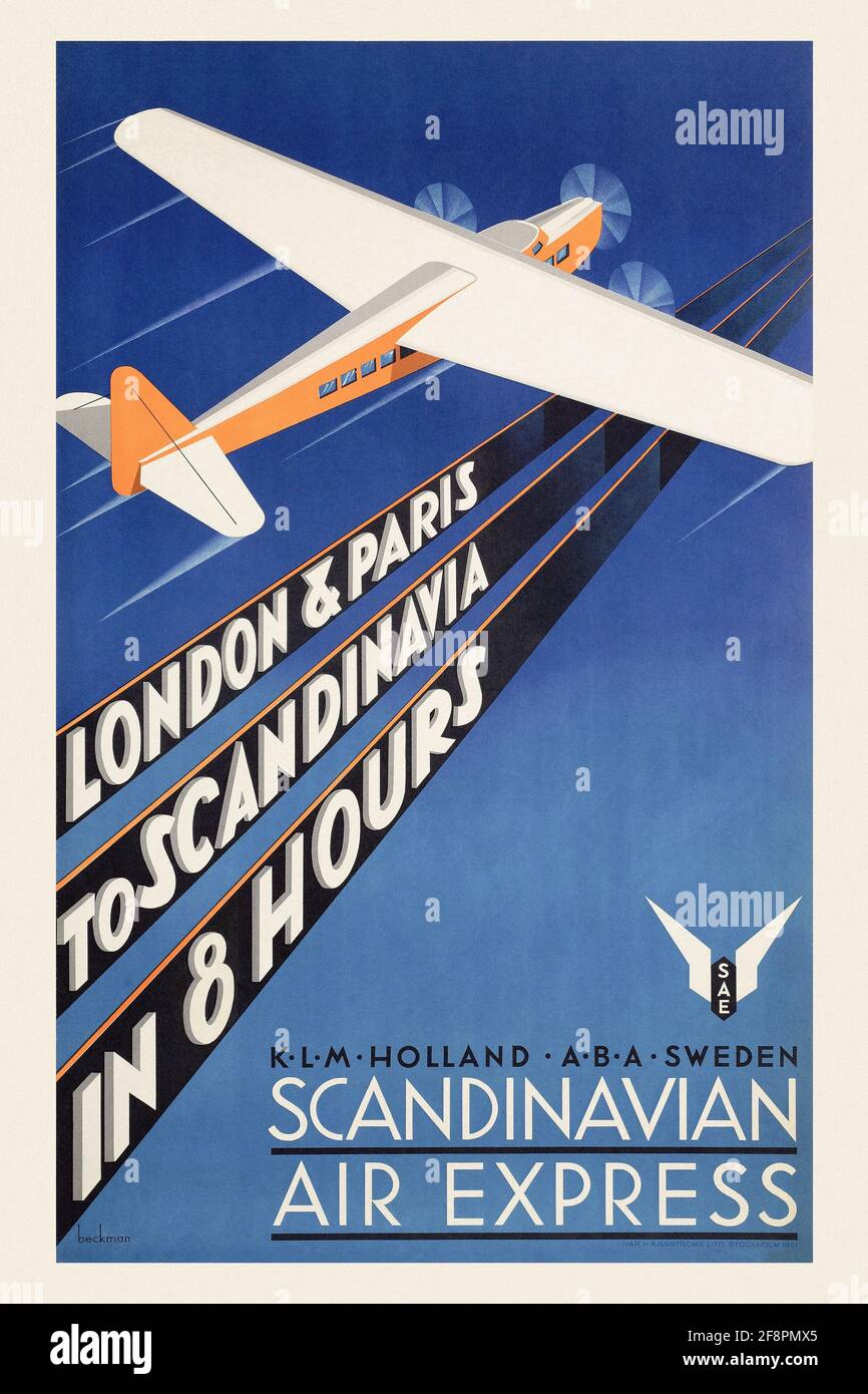 Póster de viaje vintage restaurado. Scandinavian Air Express - Londres París en 8 horas KLM Holland ABA Suecia por Anders Beckman (1907-1967). Cartel publicado en 1931. Foto de stock