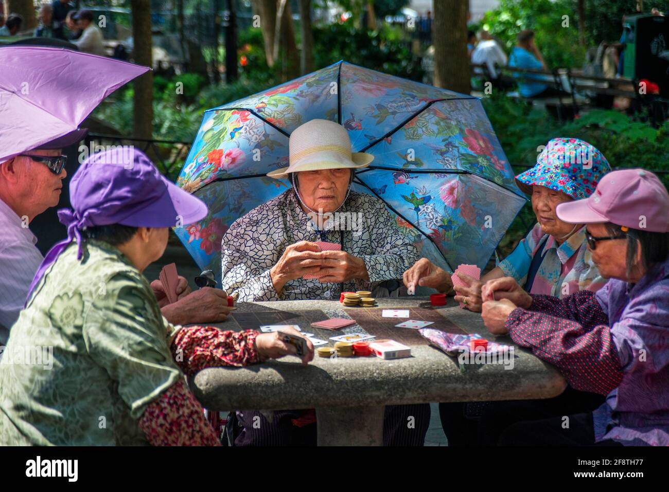 El Parque Columbus, vista en el verano de los miembros de la comunidad china jugando a las cartas en el Parque Columbus en Chinatown, en el centro de Manhattan, Ciudad de Nueva York, EE.UU. Foto de stock