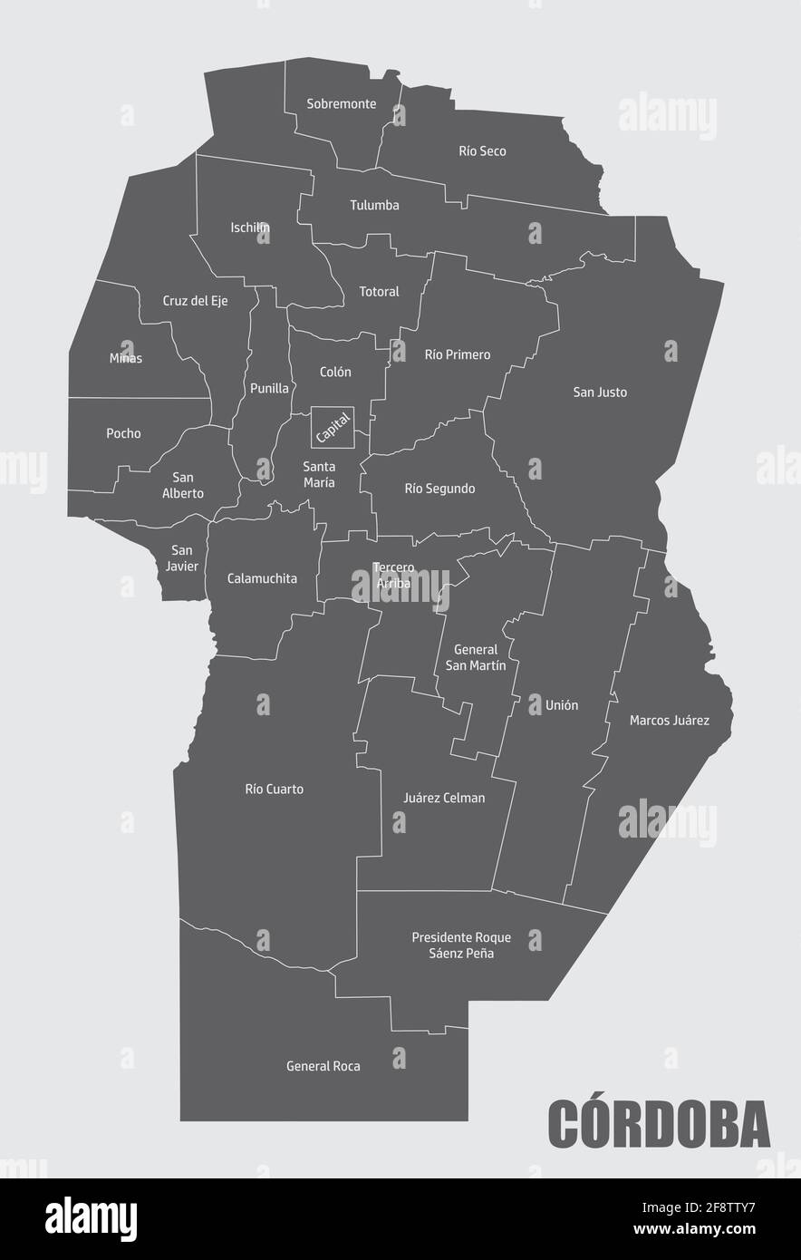 Mapa aislado de la provincia de Córdoba dividido en departamentos con