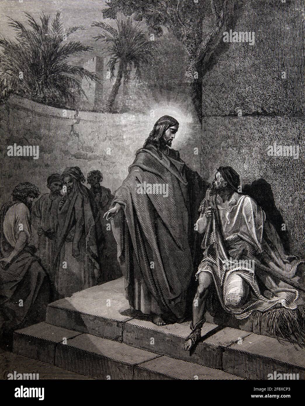 Historia de la Biblia Ilustración Jesucristo Sanando al hombre enfermo de Parálisis (Mateo 12:22-25) por Gustave Dore Foto de stock