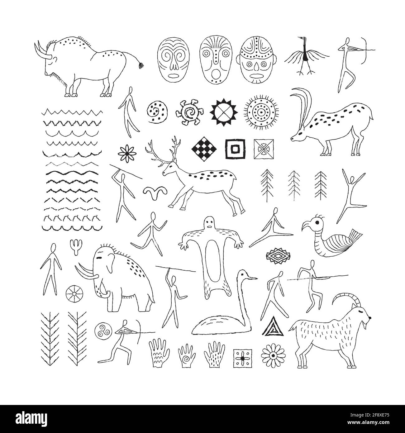 Conjunto de elementos decorativos del arte rupestre. Dibujos prehistóricos.  Esquema Imagen Vector de stock - Alamy