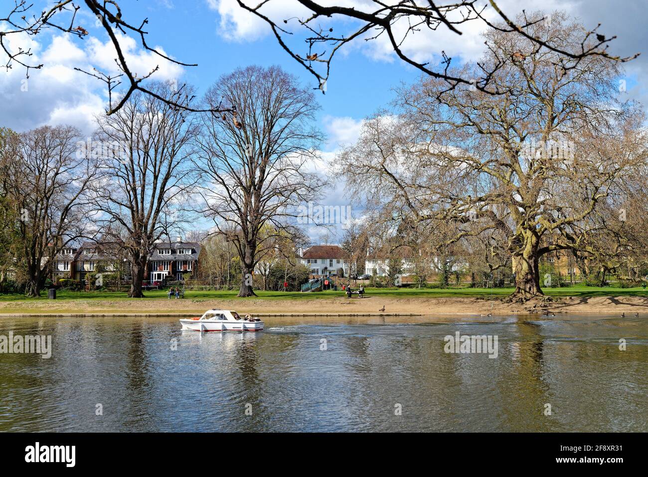 Bajo Sunbury visto desde el lado Walton del río Támesis en un soleado día de primavera Surrey Inglaterra Reino Unido Foto de stock