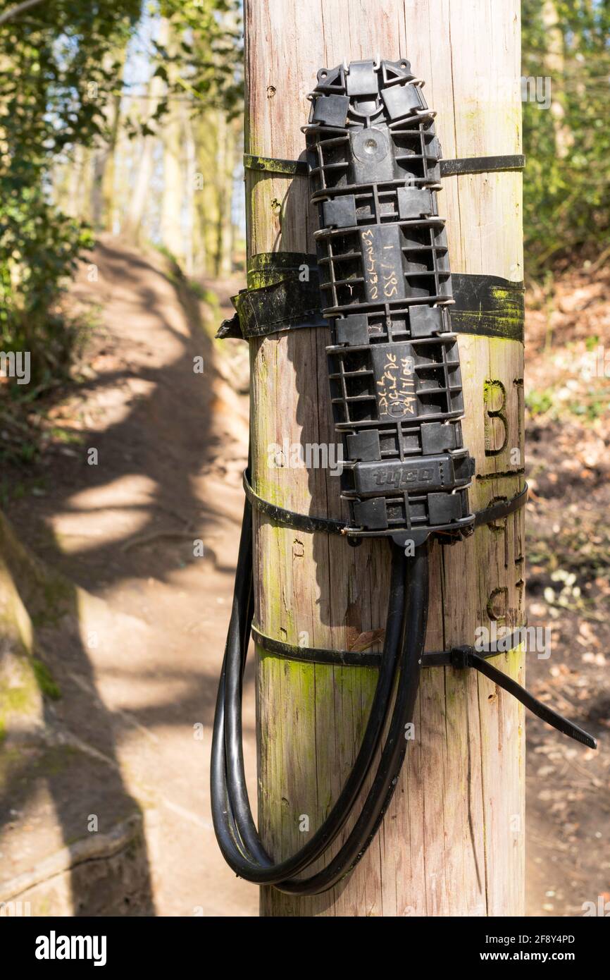 Unión de cables de altas prestaciones de Tyco acoplada a un polo de teléfono BT, Inglaterra, Reino Unido Foto de stock