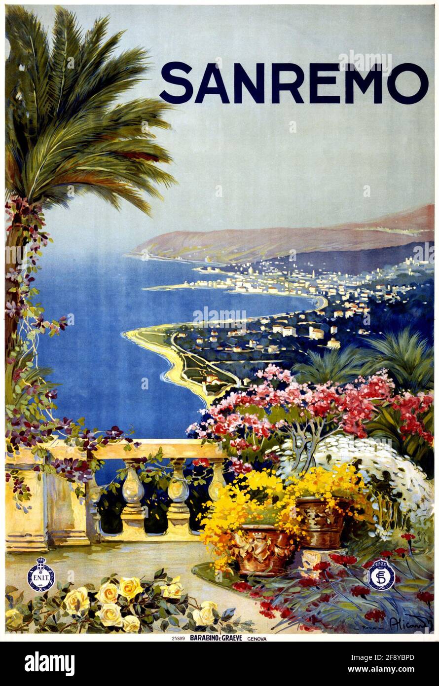Un cartel de viaje clásico para San Remo en Italia Foto de stock