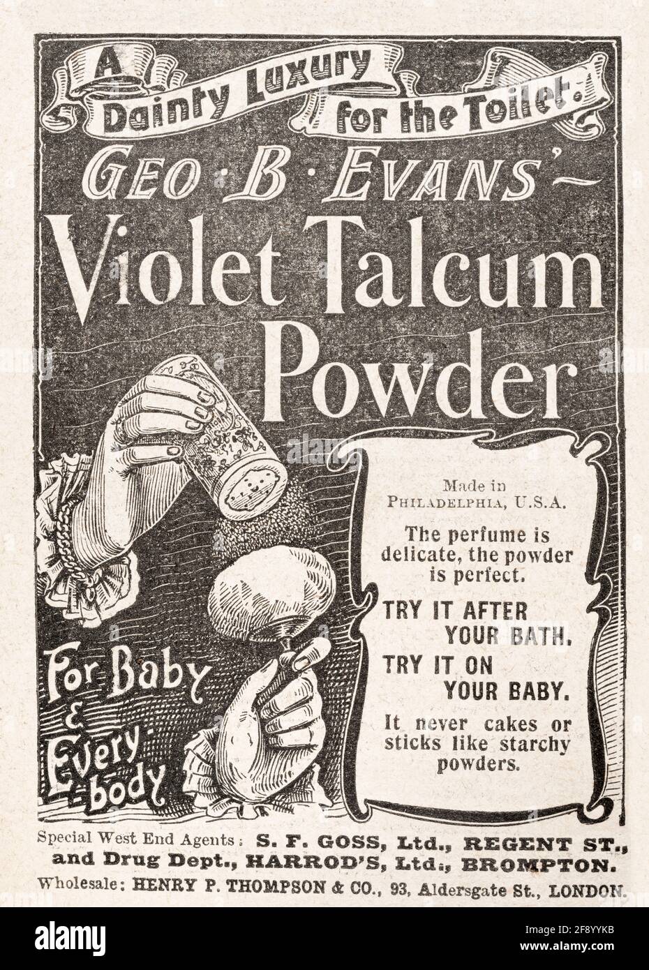 Antiguo vintage victoriano cuidado de la piel y el anuncio de productos de belleza de 1902 - normas de pre-publicidad. Vieja publicidad del cuidado de la piel, historia de la publicidad. Foto de stock