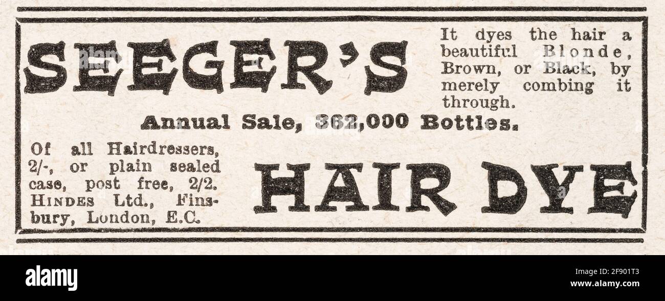 Antiguo vintage cuidado del cabello / cuidado del cabello anuncio de la época victoriana - 1902 - tiempo de pre-publicidad de los estándares. La publicidad del viejo pelo, la historia de la publicidad. Foto de stock