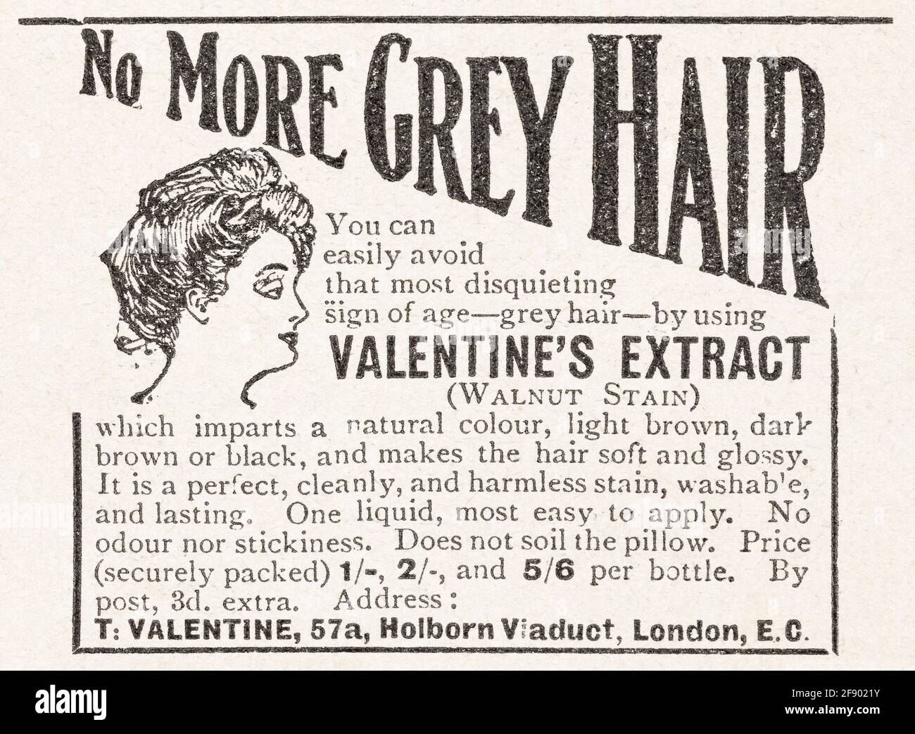 Viejo vintage cuidado del cabello / cuidado del cabello anuncio de Edwardian Times - 1911 - tiempo de pre-publicidad de normas. La publicidad del viejo pelo, la historia de la publicidad. Foto de stock