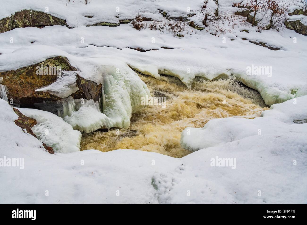 Área de Conservación Queen Elizabeth Victoria Falls Black River Washago Ontario Canadá en invierno Foto de stock