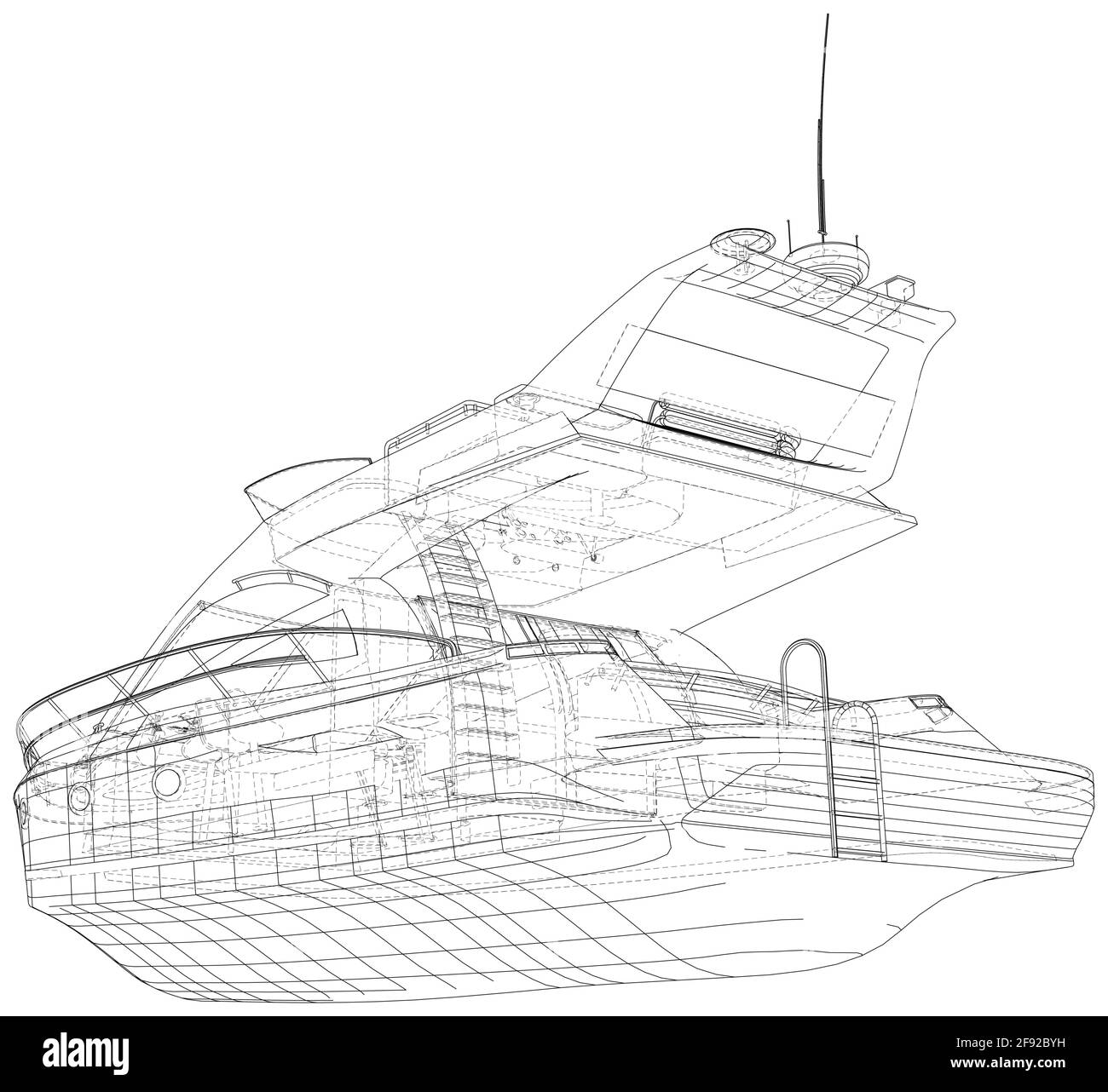Yate marino. Yate de motor con bastidor de cable. Vector creado de 3D