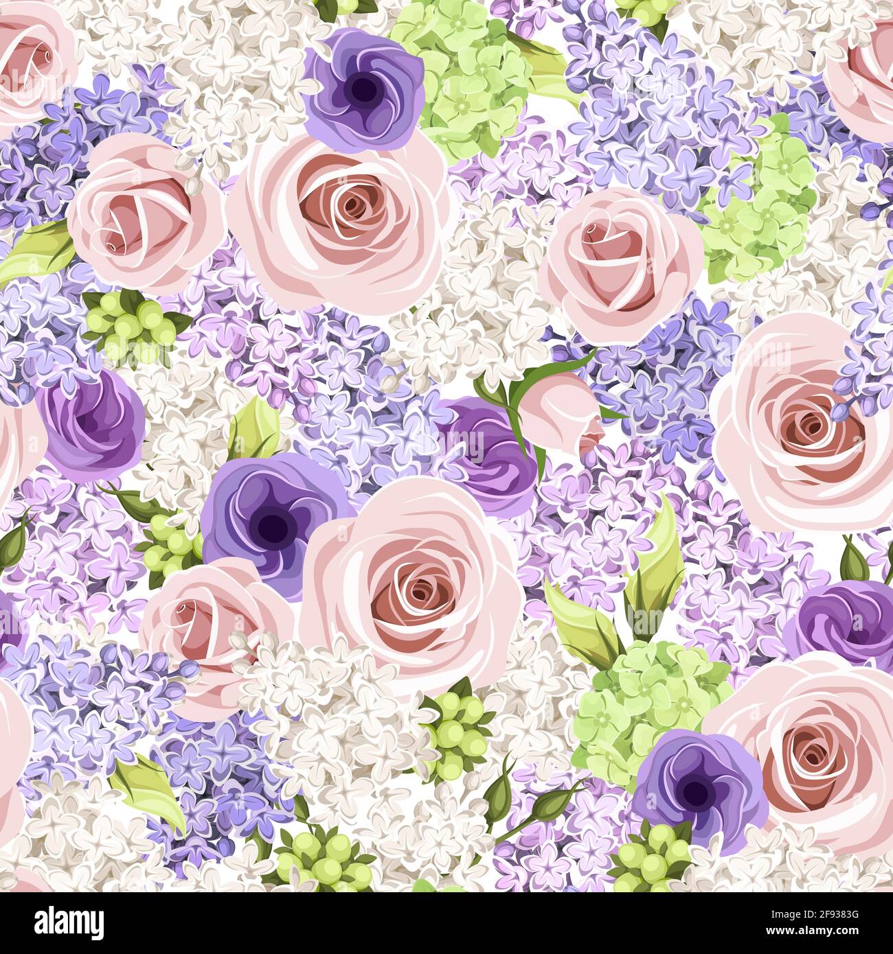Fondo vectorial sin costuras con rosas rosadas, púrpura y blancas, flores lisianthus y flores lilas. Ilustración del Vector