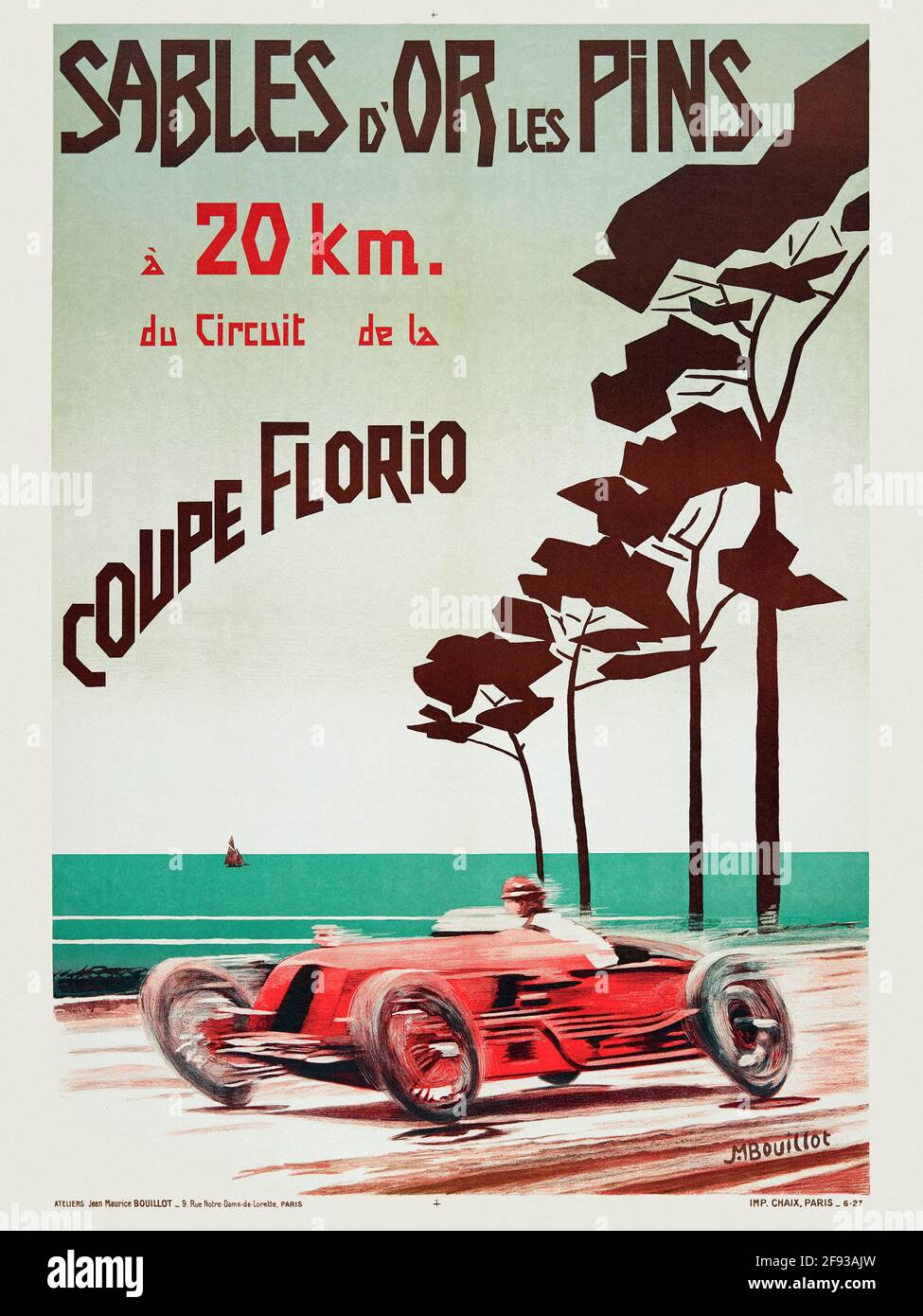 Póster de viaje vintage restaurado. Sables-d'Or-les-Pins à 20km du circuito de la Coupe Florio por - Jean-Maurice Bouillot, Francia . Cartel publicado en 1927. Foto de stock