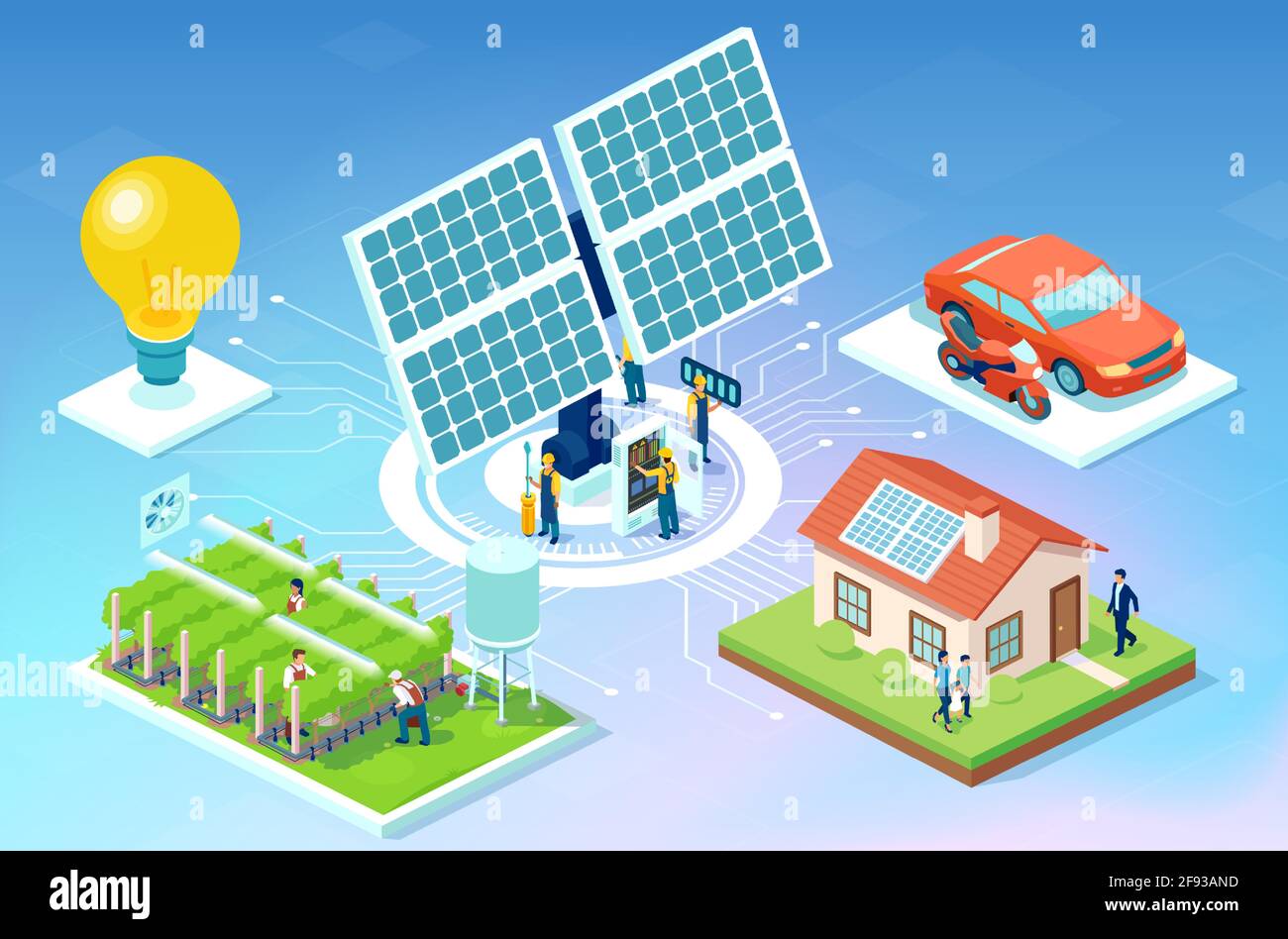 Vector de una granja, casa y coche alimentado por una energía de panel solar Ilustración del Vector