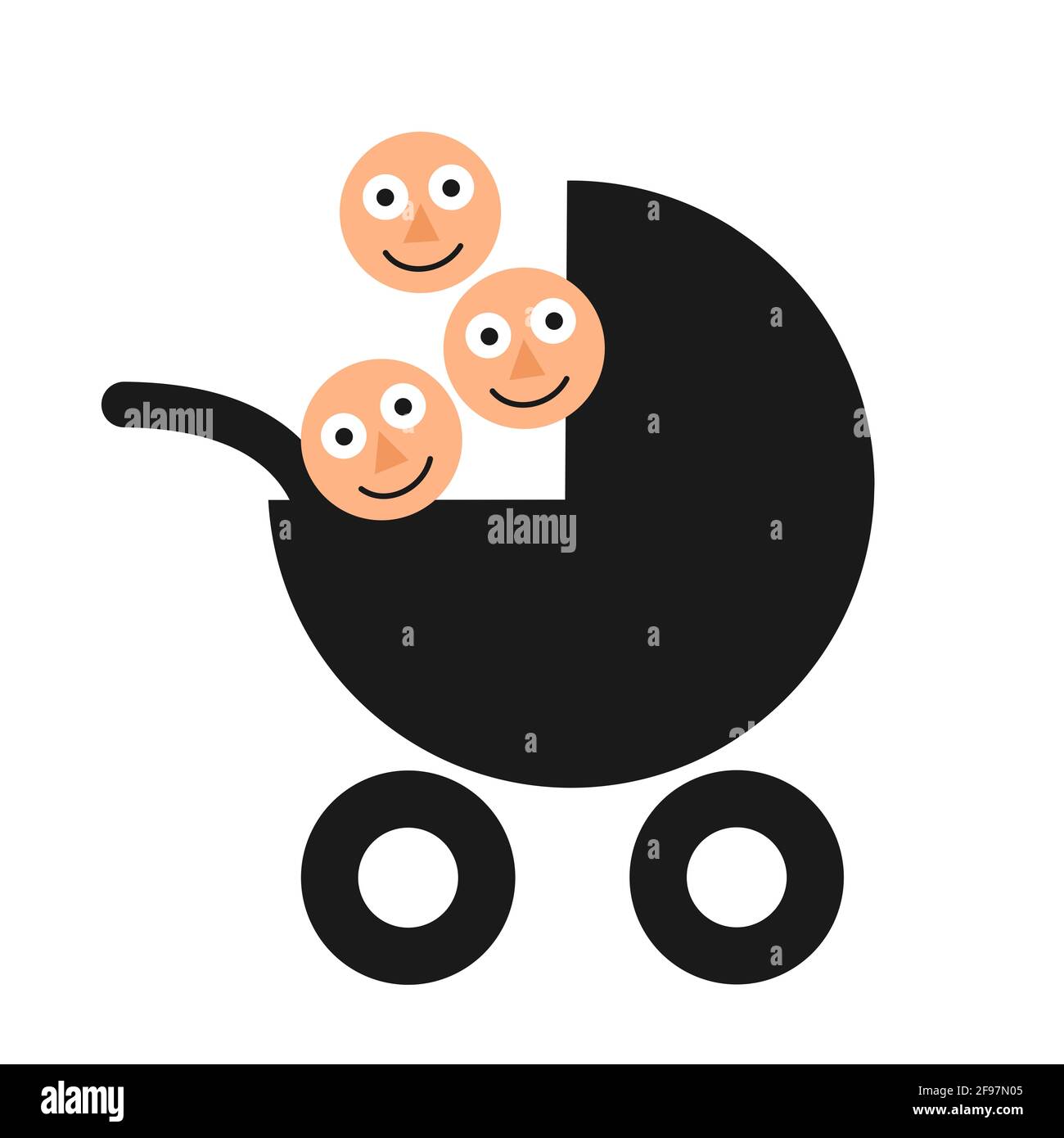 Triplete y parto múltiple - Carro y cochecito de bebé con tres niños, niños y bebés. Ilustración vectorial aislada sobre blanco. Foto de stock