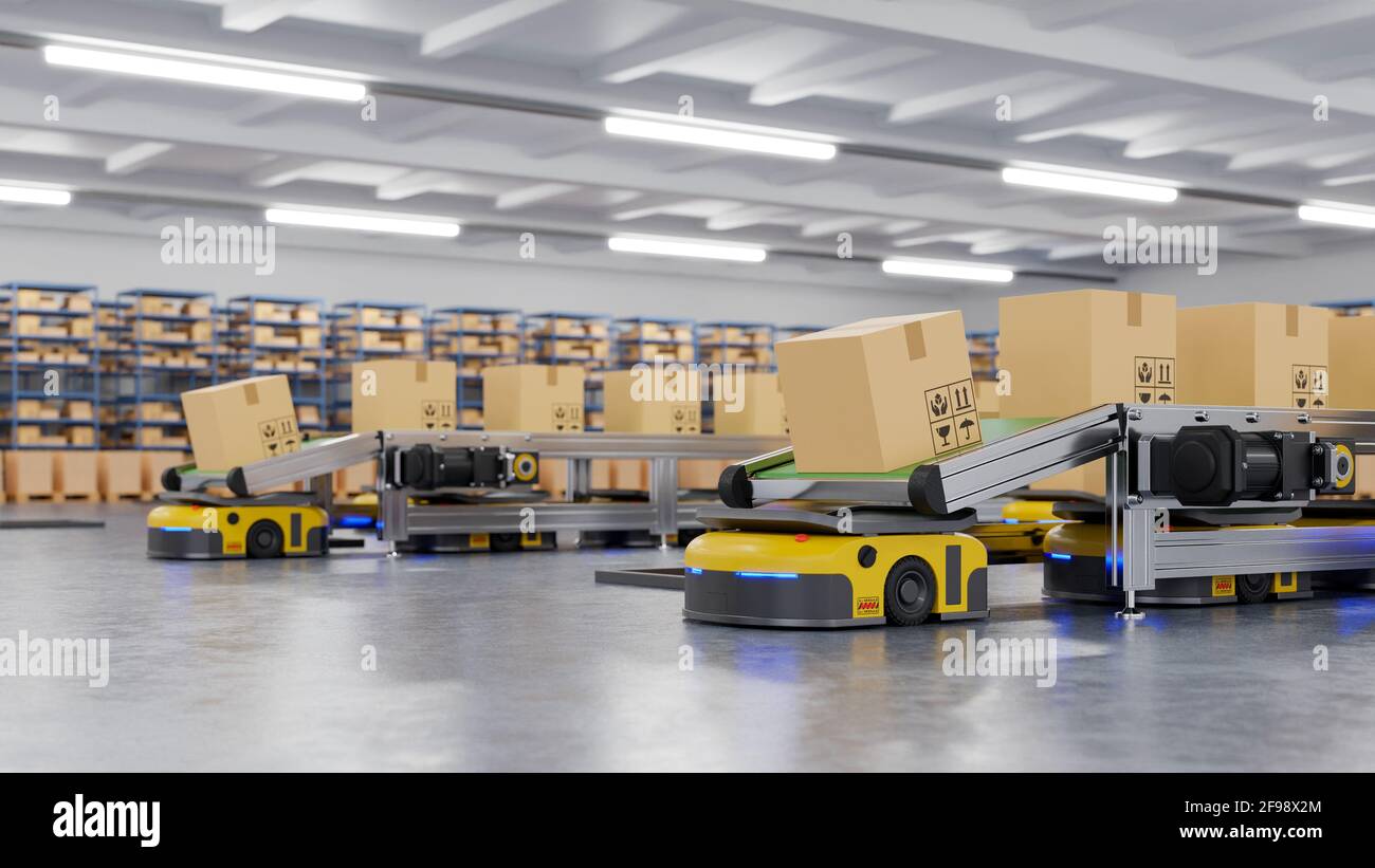 Robots de clasificación eficiente de cientos de paquetes por hora (vehículo guiado automatizado) AGV.3D renderizado Foto de stock