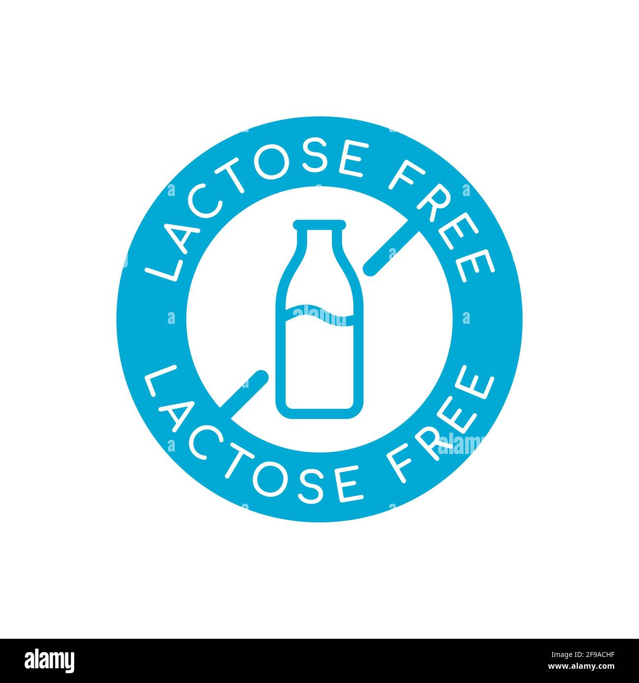 Signo de lactosa libre, icono, logotipo. Insignia redonda con botella de leche tachada. Etiqueta de producto sin lácteos. Azul sin sello de lactosa. Intolerancia a la lactosa. Vector Ilustración del Vector