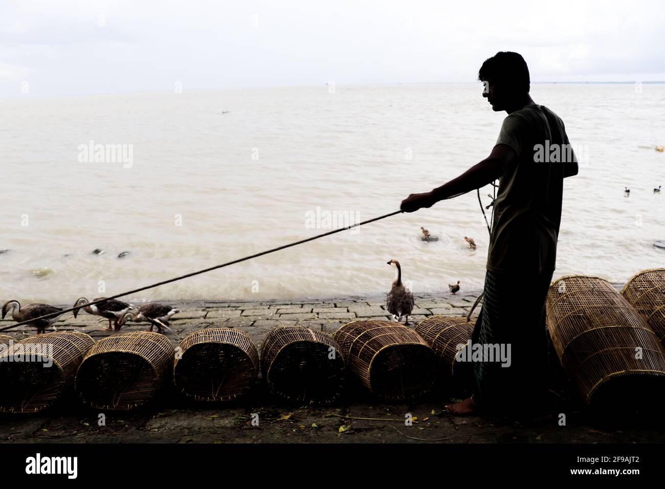 Pescador preparándose para la pesca en jaula y cuerda en la orilla del río Capturé esta imagen el 15th de septiembre de 2020 en Chandpur, Bangladesh Foto de stock