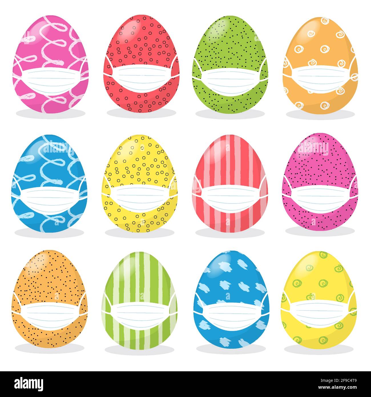 Feliz concepto de Pascua con dibujos animados huevos de color en la máscara  médica de protección facial para evitar el coronavirus, quedarse en casa y  mantenerse seguro. Celebración de Pascua Imagen Vector
