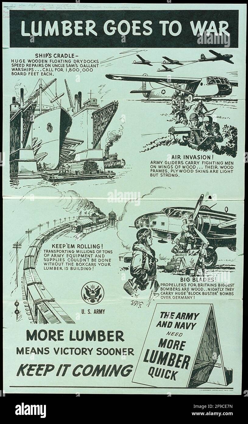 Un cartel americano de WW2 sobre el aumento de la producción de madera en el esfuerzo de guerra Foto de stock