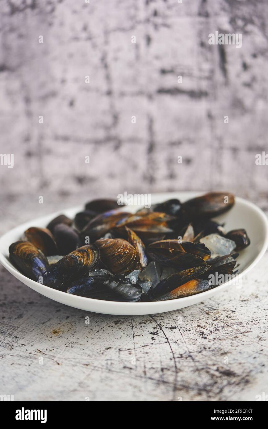 Mejillones de mar frescos y crudos en un tazón de cerámica blanco fondo de piedra Foto de stock