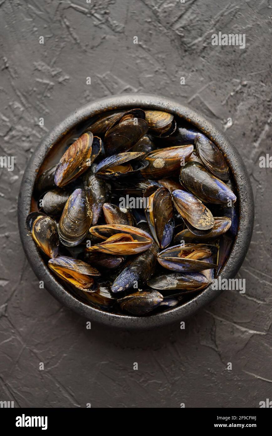 Mejillones de mar frescos y crudos en un tazón de cerámica negro sobre fondo de piedra oscura Foto de stock